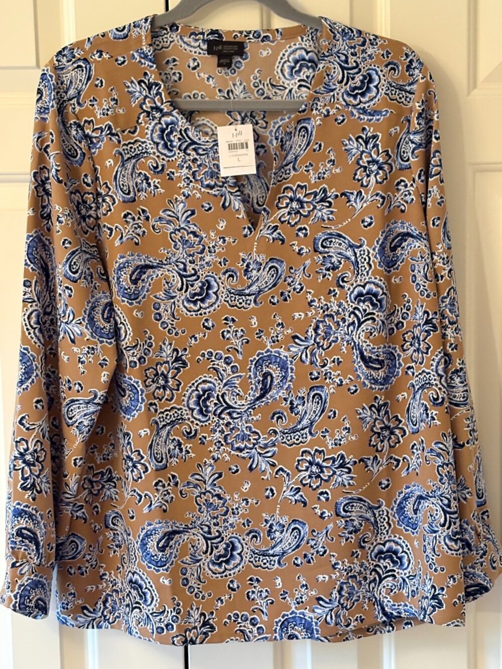 NWT J. Jill Wearever Tan Blouse w/ Blue Paisley Designs Sz L
